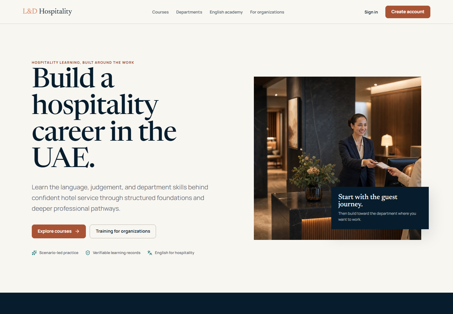 Actual L&D Hospitality Controlled V1 landing page for UAE hospitality careers, individual learning, and organization training